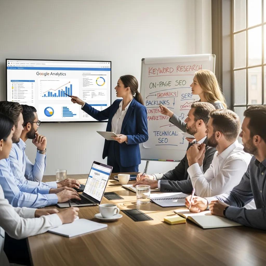 Business professionals collaborating on SEO strategies in a modern office