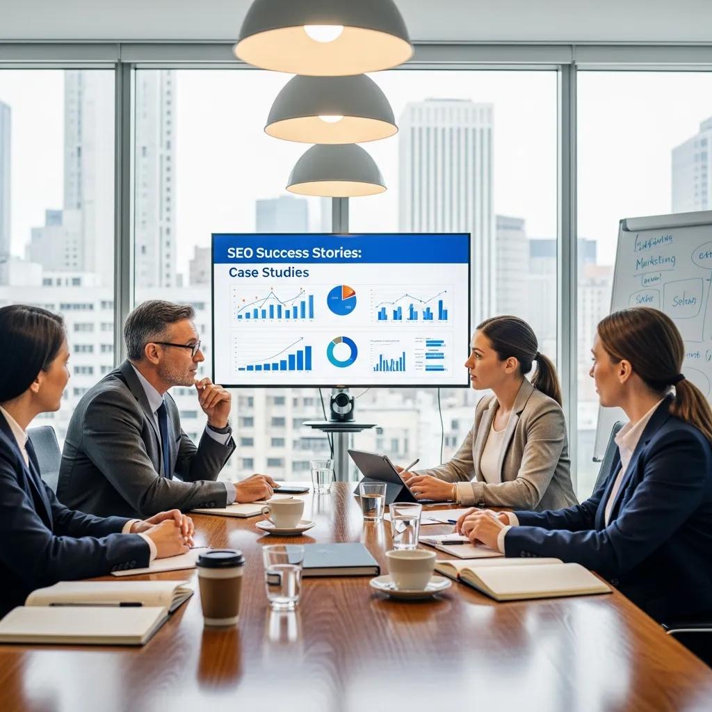 Client discussing SEO strategies with an agency representative in a conference room