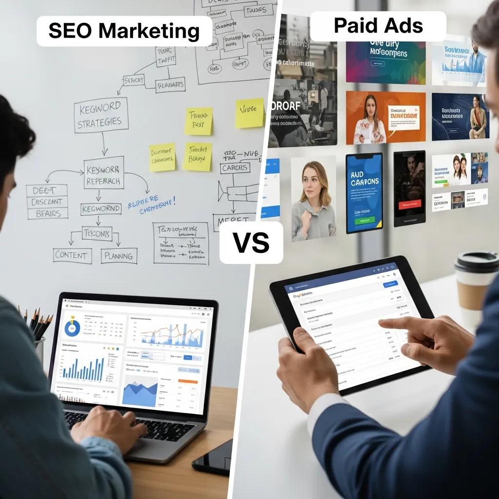 Comparison of SEO marketing and paid ads with a person analyzing website analytics and another managing a PPC campaign