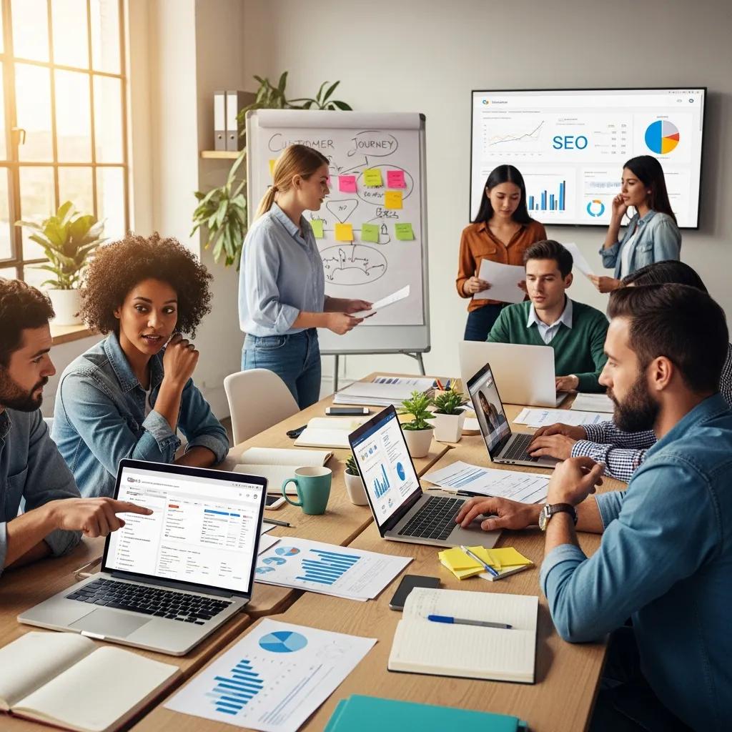 Digital marketing team collaborating in a modern office setting