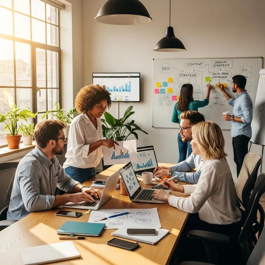 Diverse digital marketing team collaborating in a modern office setting