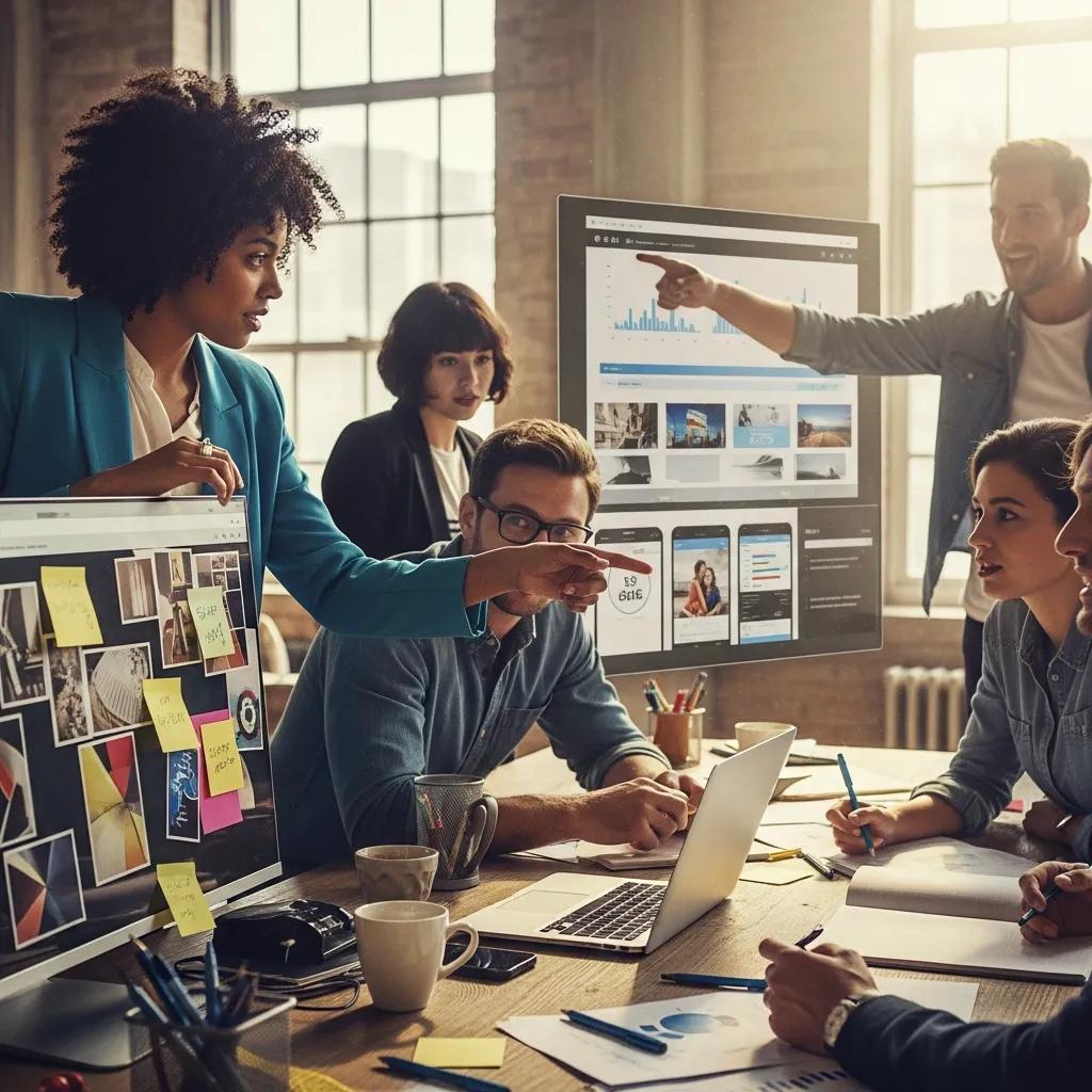 Diverse professionals collaborating in a modern office on advertising strategies