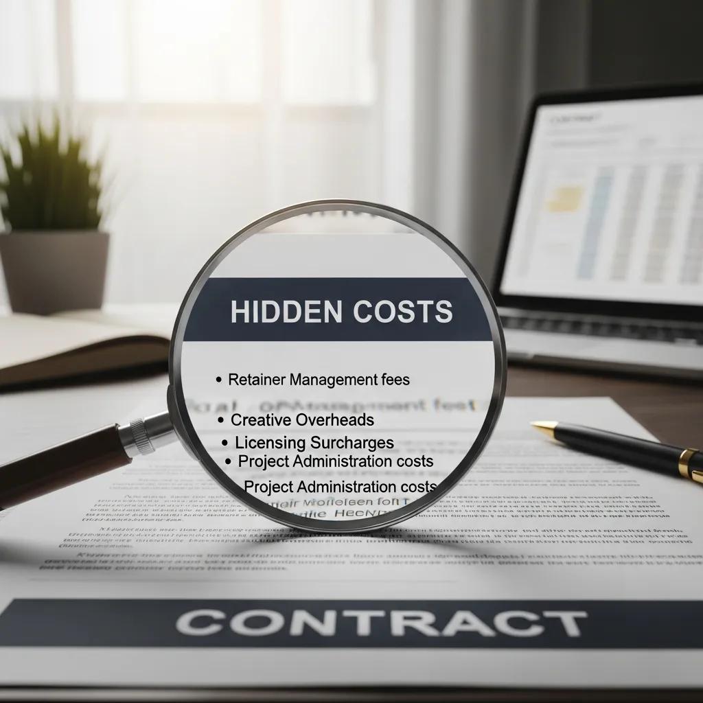 Illustration of hidden costs in advertising agency contracts with a magnifying glass