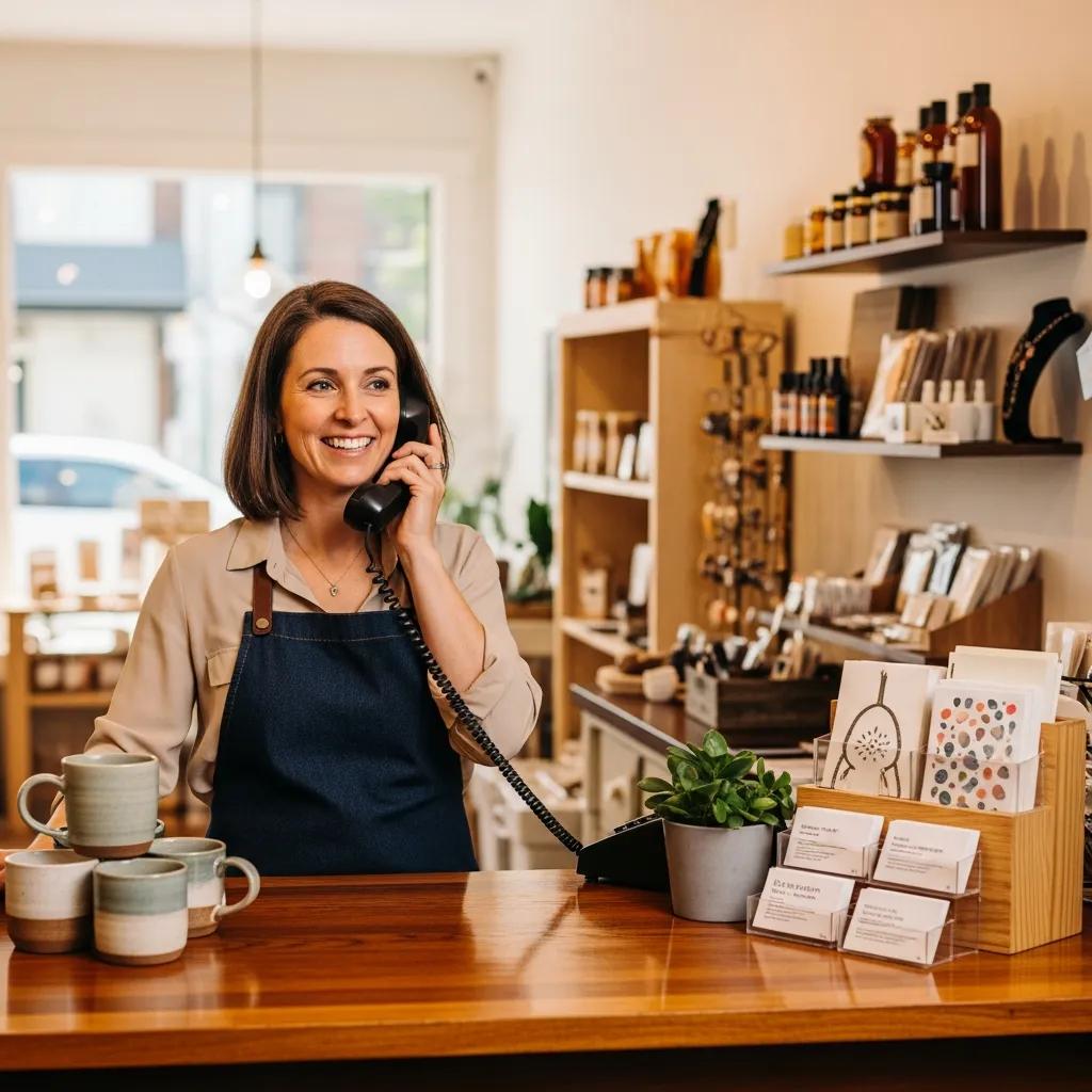 Local business owner engaging with a customer over the phone in a welcoming shop
