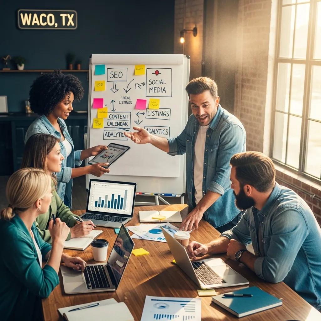 Local business owners in Waco collaborating on digital marketing strategies in a modern workspace