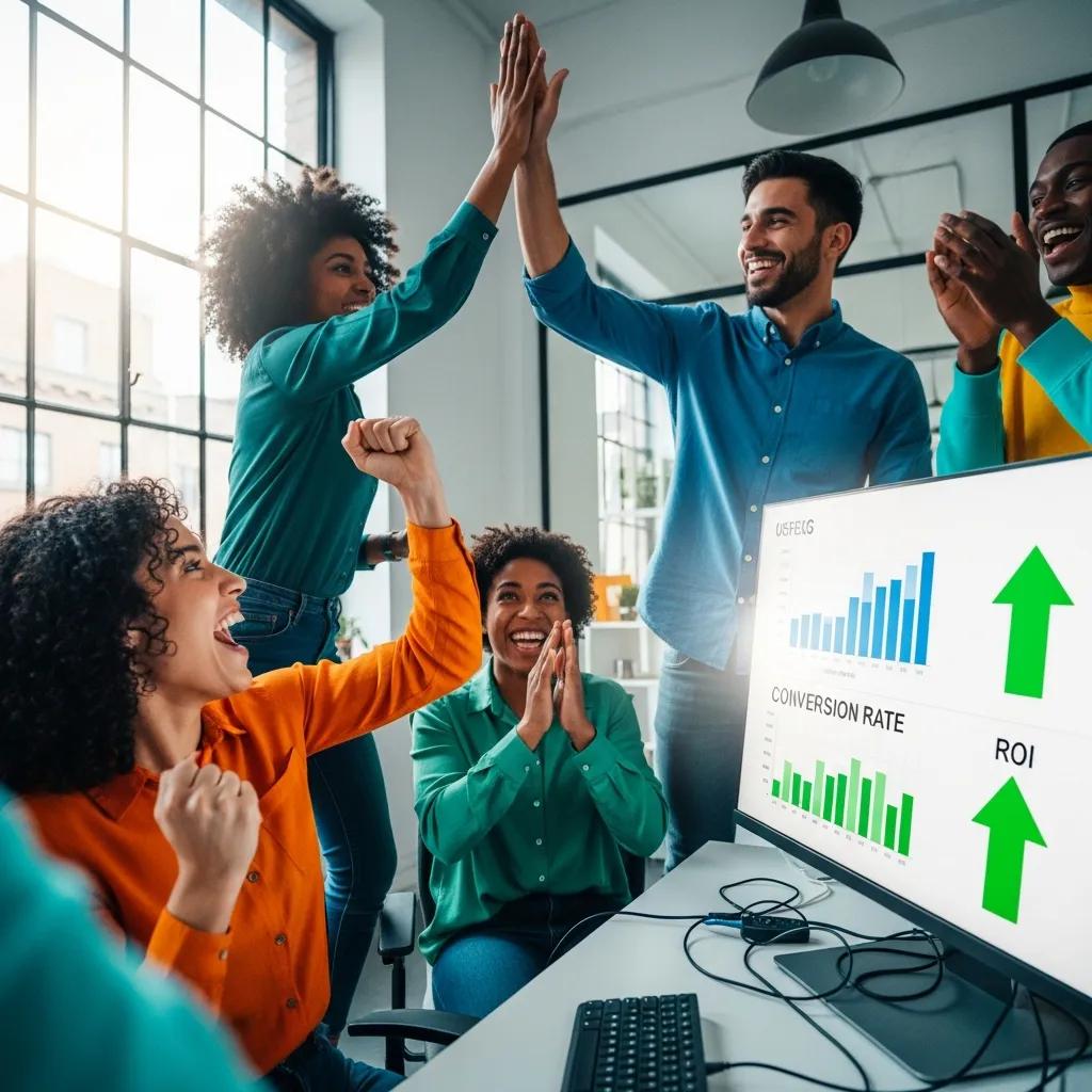 Marketing team celebrating the success of a PPC campaign launch with positive metrics on screen