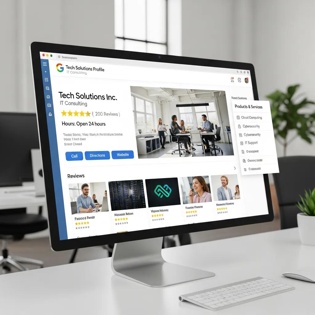 Optimized Google Business Profile on a computer screen, showcasing key elements for local SEO