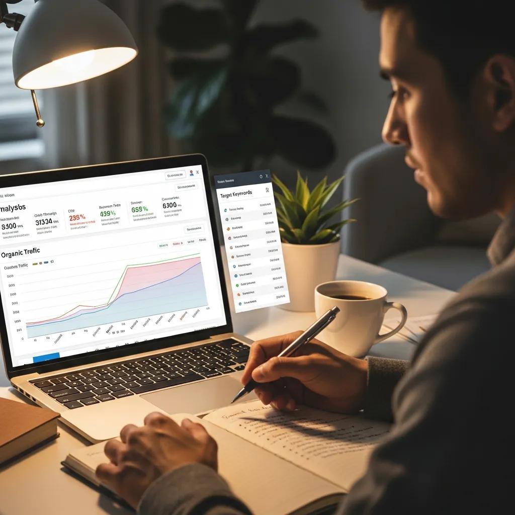Person analyzing SEO performance metrics on a laptop in a cozy workspace
