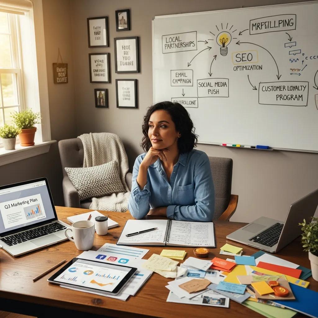 Small business owner brainstorming effective marketing strategies in a cozy office