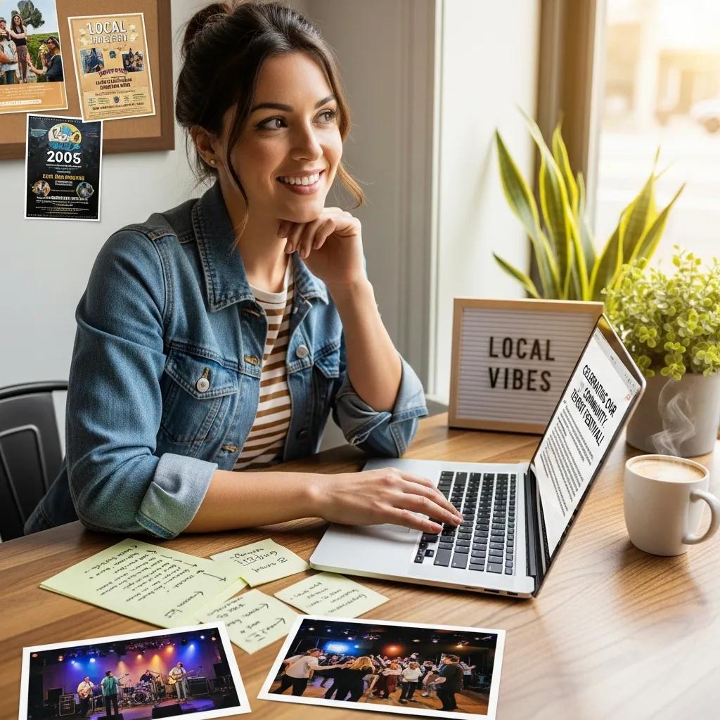 Small business owner creating community-focused content about a local event, emphasizing engagement and local SEO