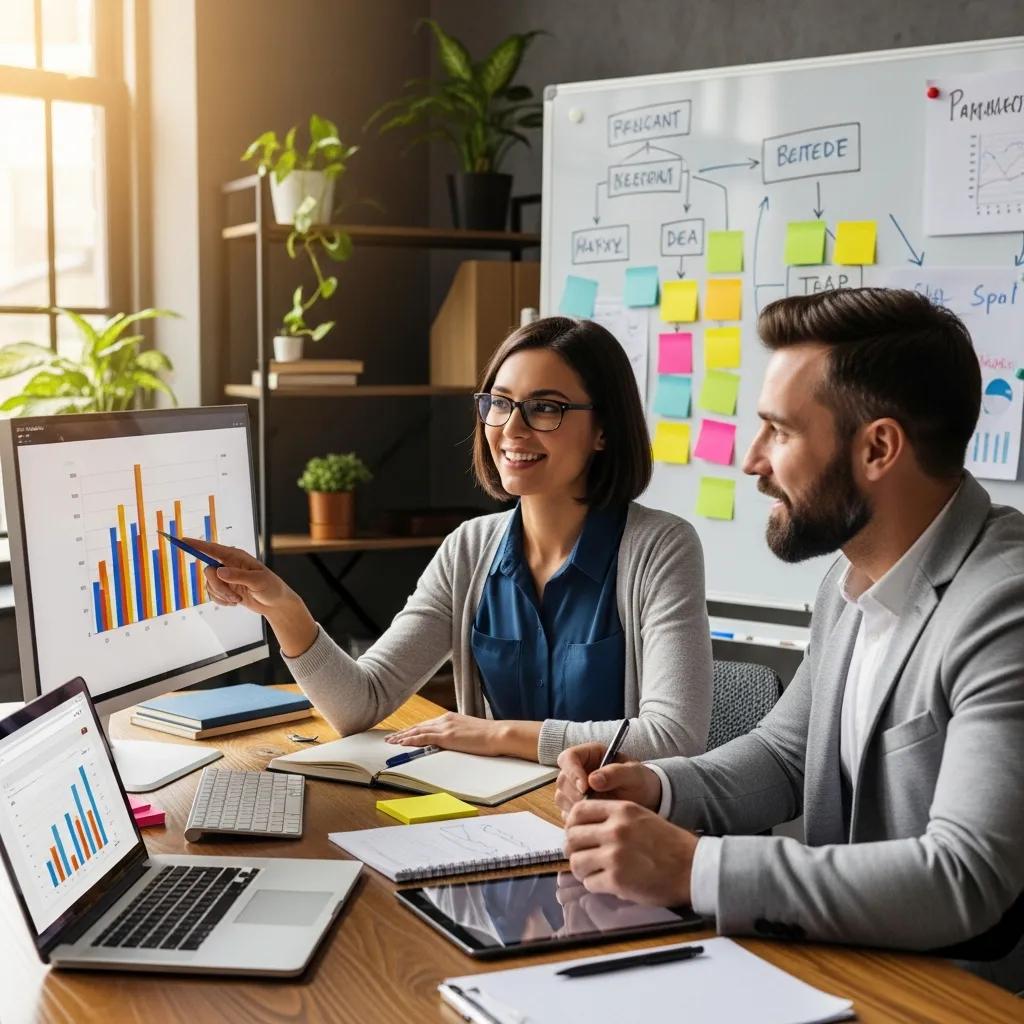 Consultant and small business owner reviewing a marketing plan