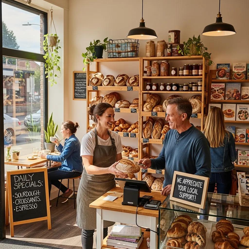 Small business owner engaging with customers in a local shop, emphasizing community connection and local SEO