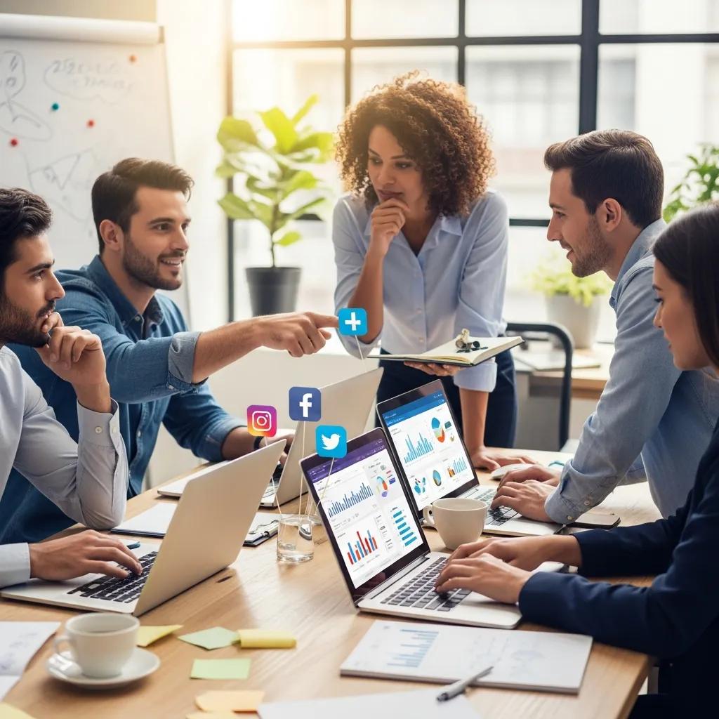 Small business team collaborating on low-cost digital marketing strategies