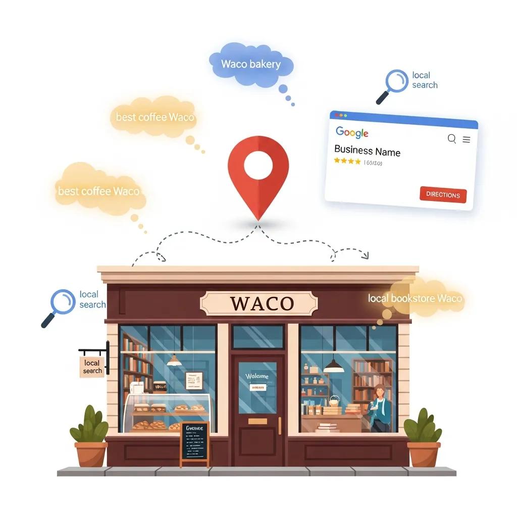 Small Waco business storefront with Google Maps pin highlighting local SEO importance