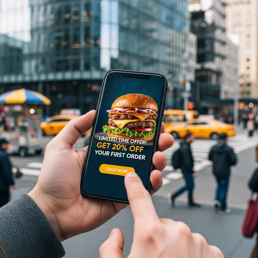 Smartphone displaying a digital advertisement in an urban setting