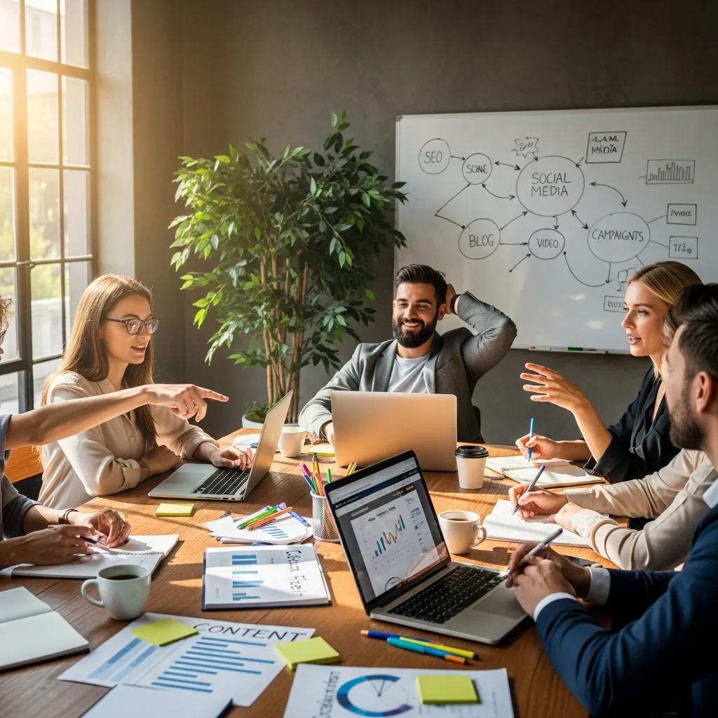 Team collaboration on content strategy for SEO in a modern office setting