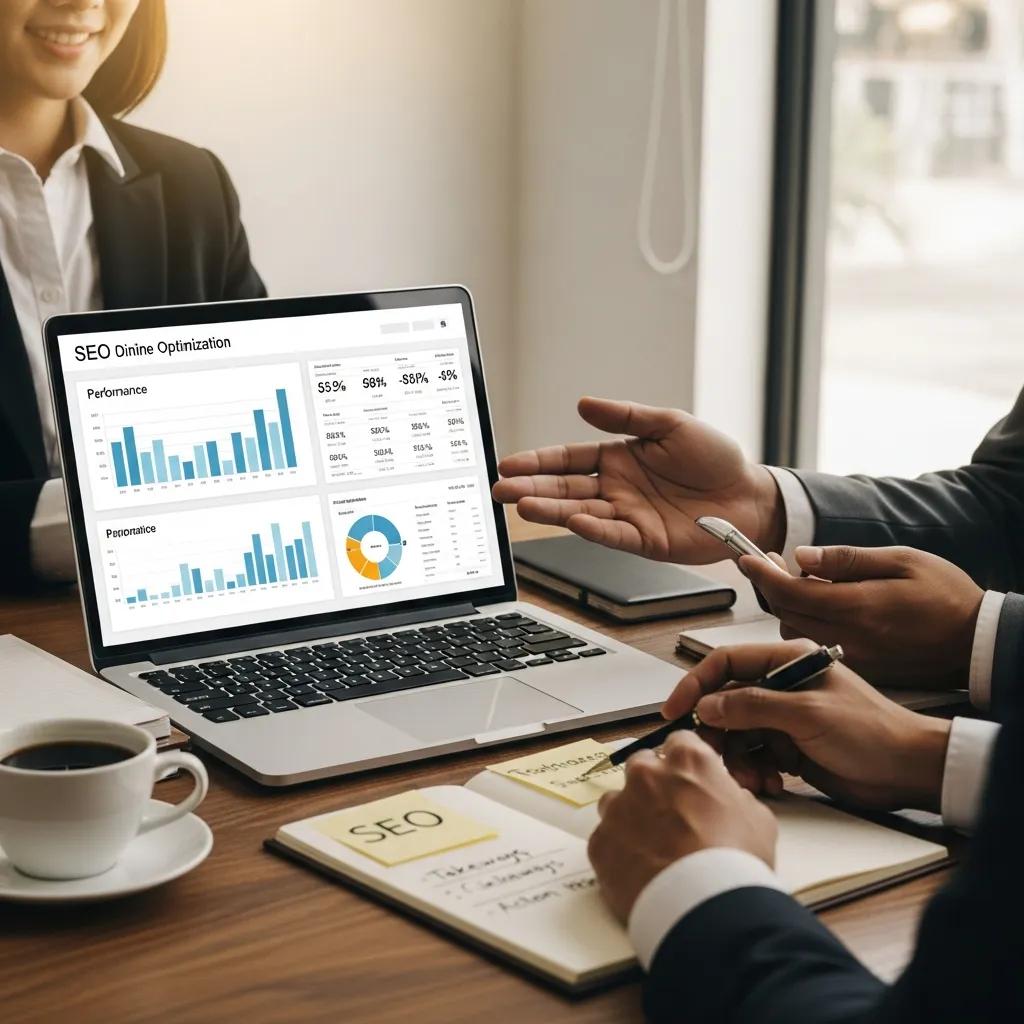 Business owner consulting with an SEO expert in a modern office setting