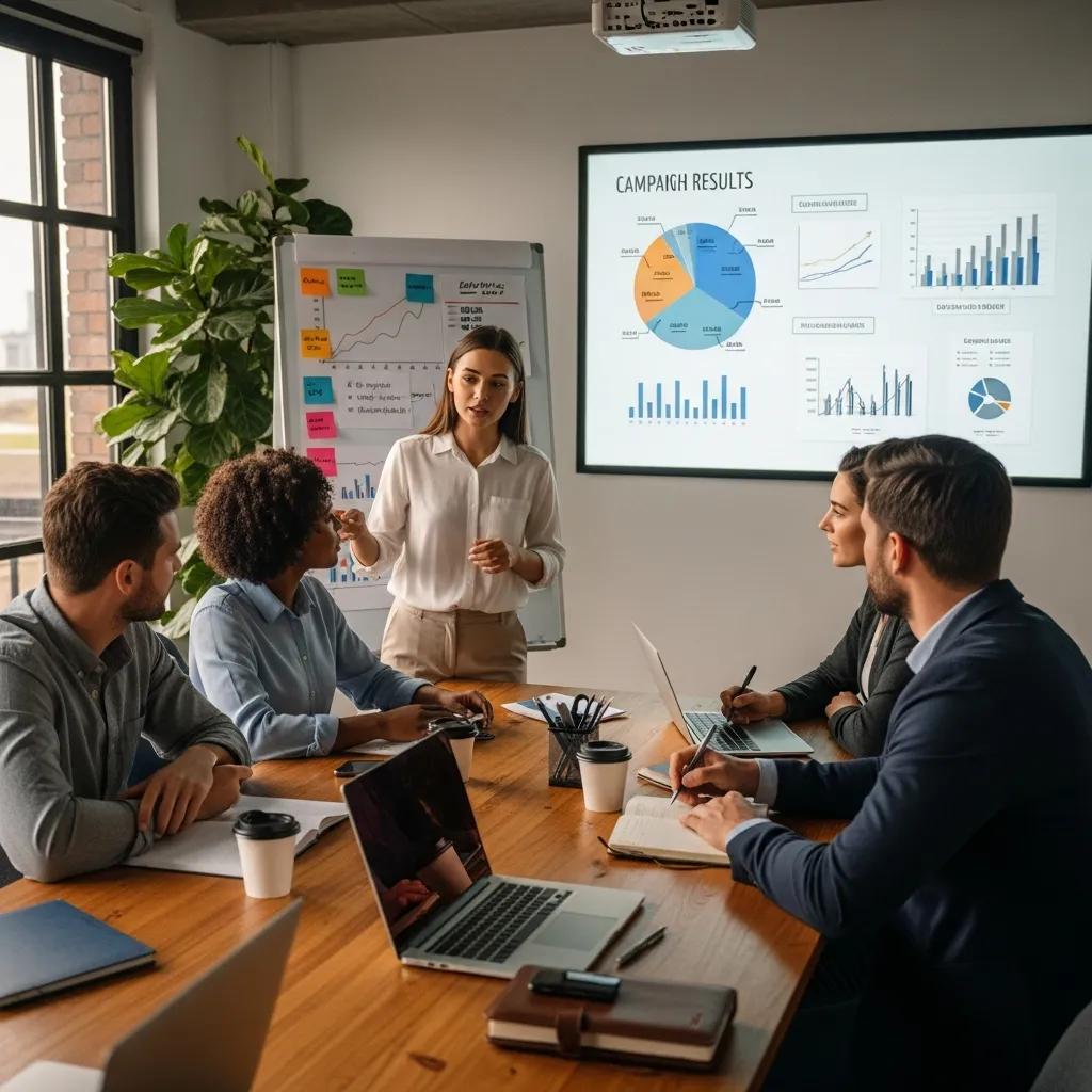 Client and agency representative discussing campaign results in a meeting