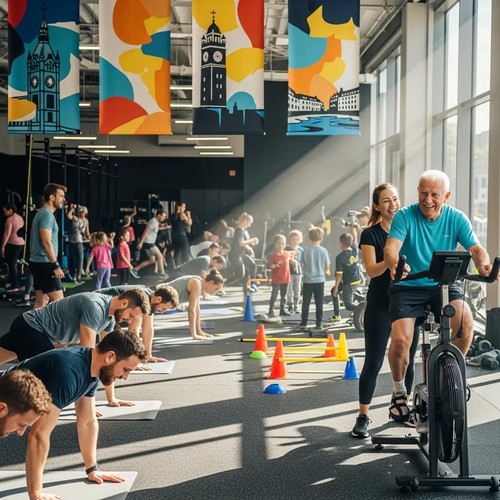 Community fitness event at a local gym with participants engaged in activities