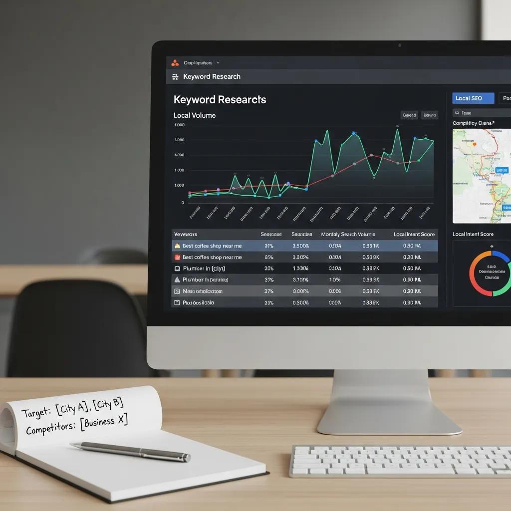 Computer screen showing a keyword research tool for local SEO, with graphs and data visualizations
