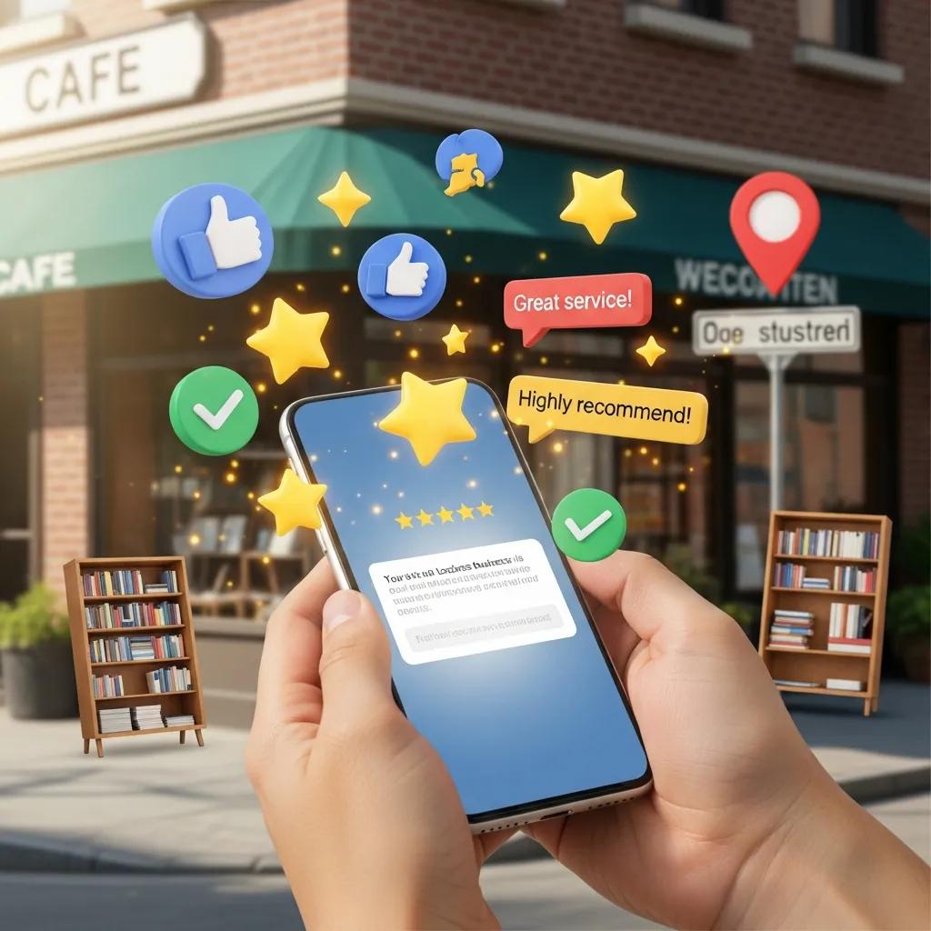 Customer leaving a review on a mobile device with positive feedback icons