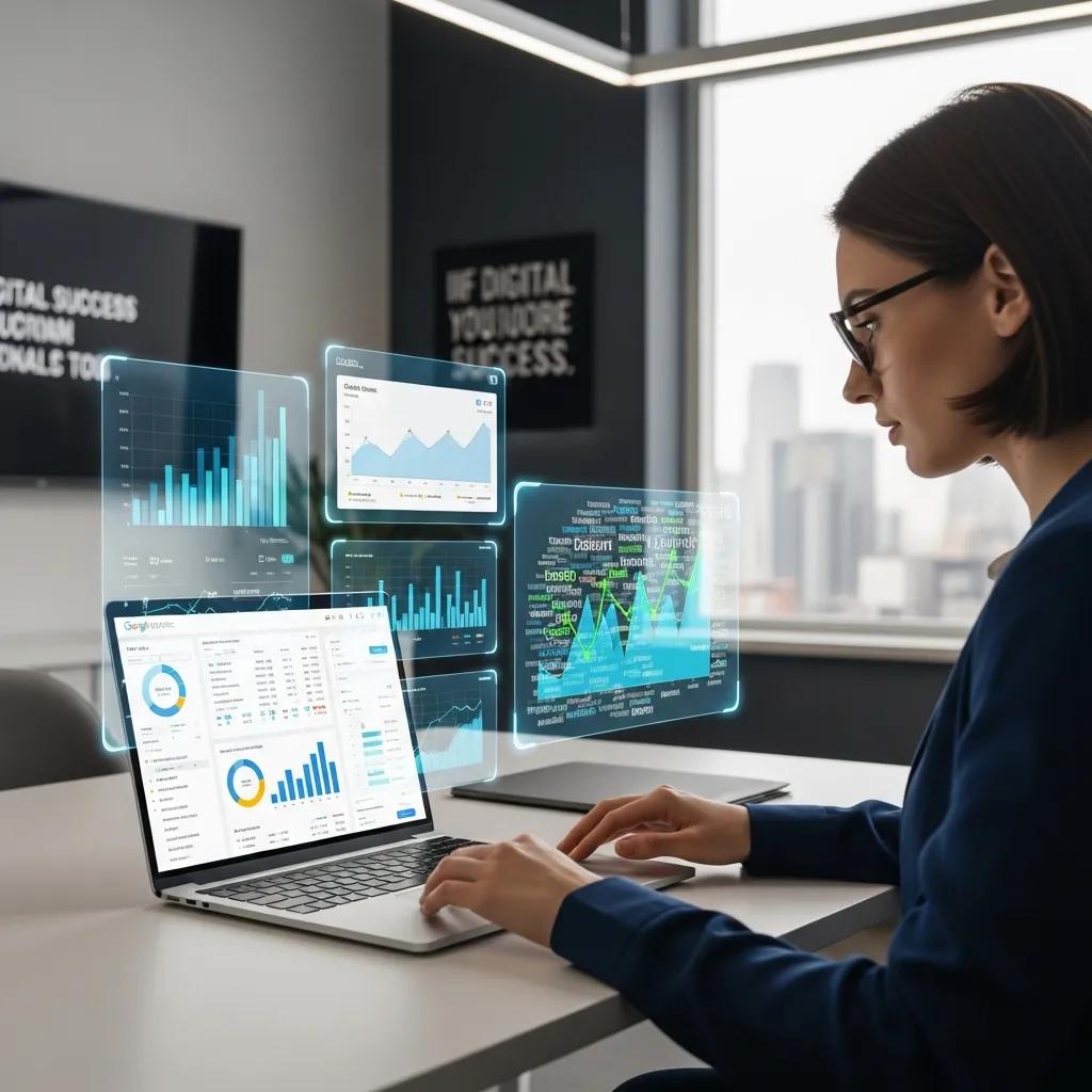 Digital marketing professional analyzing SEO metrics in a modern office