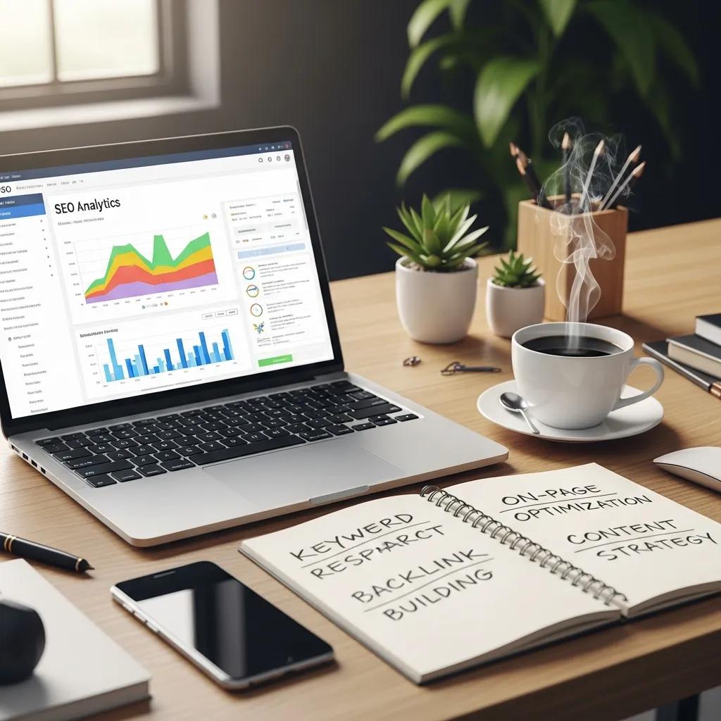 Digital marketing workspace with laptop displaying SEO analytics and notepad