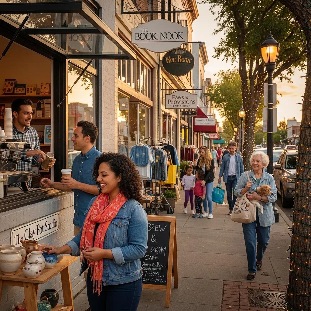 Diverse group of people engaging with local businesses in an urban setting