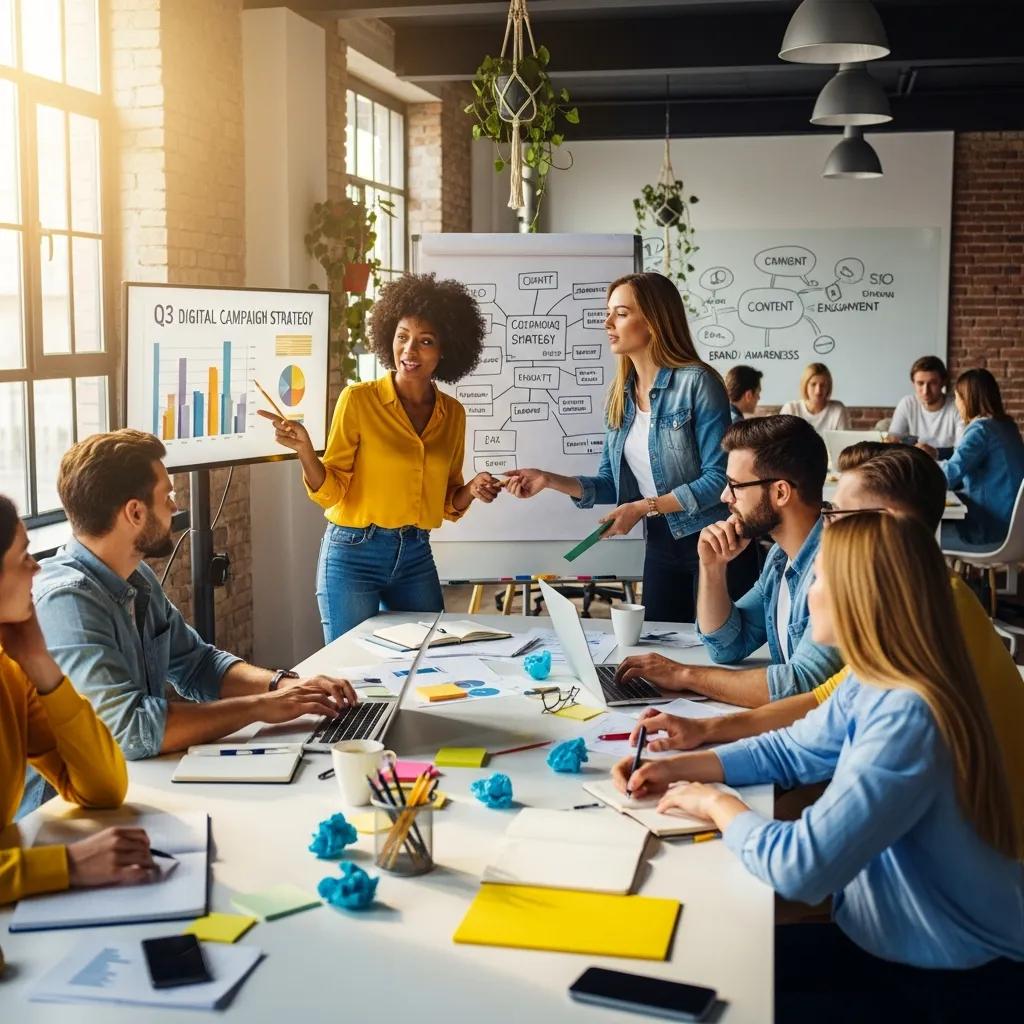 Diverse professionals collaborating in a modern office on marketing strategies
