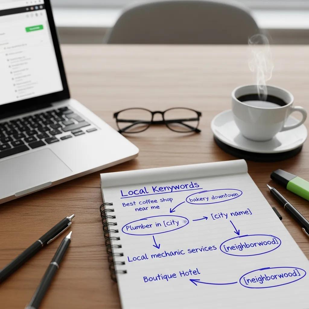 Handwritten local keywords on a notepad, symbolizing keyword research for local SEO