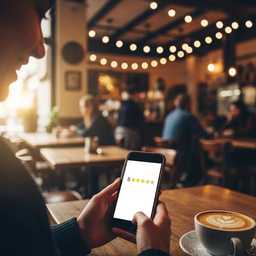 Happy customer leaving a 5-star review on a smartphone in a cozy café
