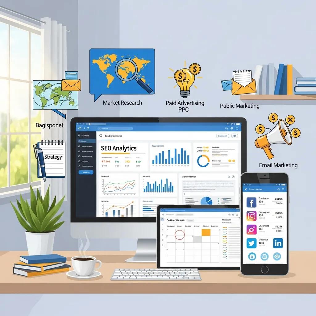 Illustration of marketing services including SEO analytics and social media tools