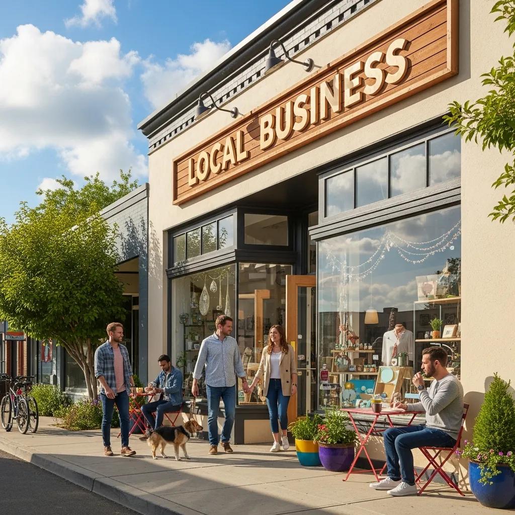 Local business storefront with customers, emphasizing community engagement and local search visibility
