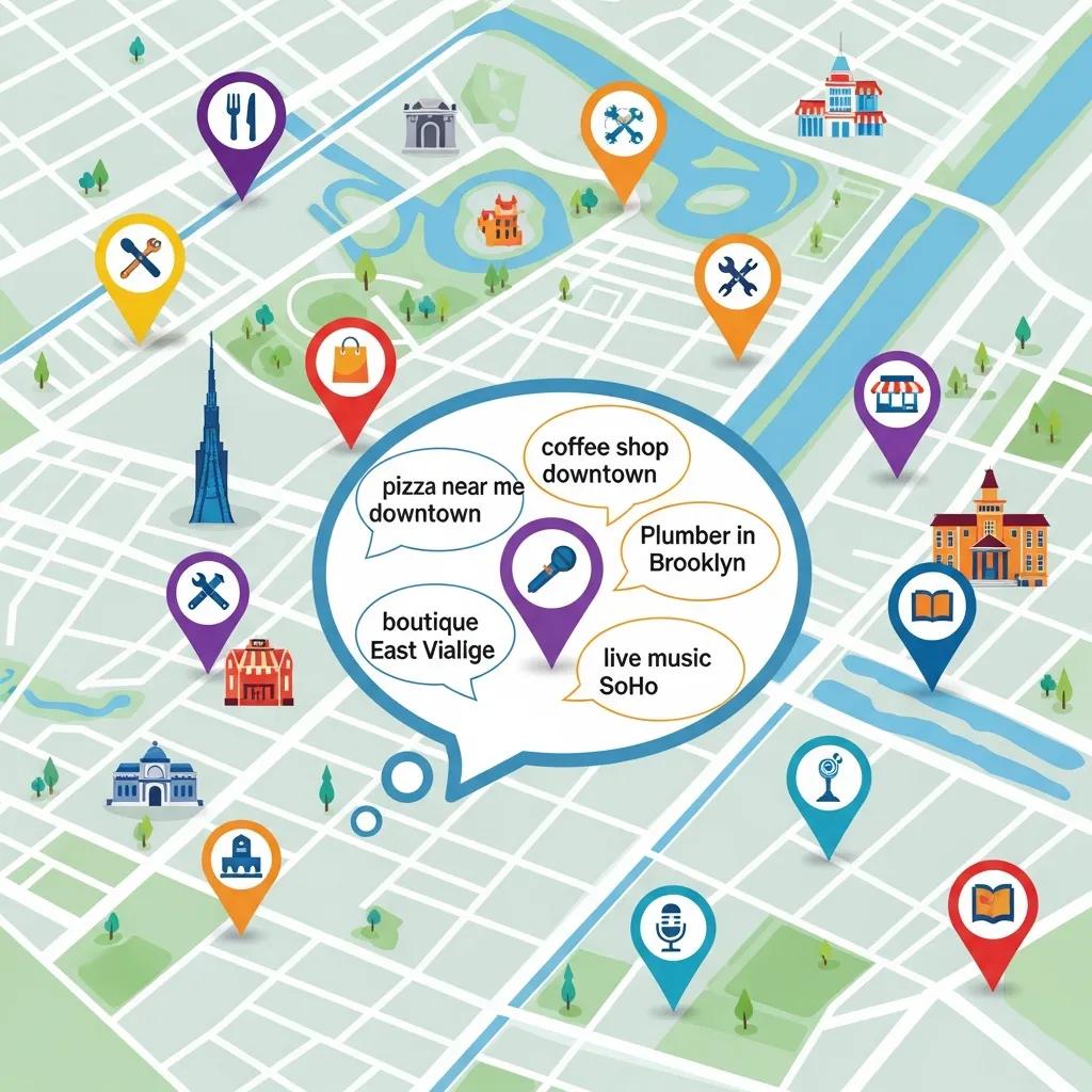 Map with pins representing local businesses for geo-targeted keywords