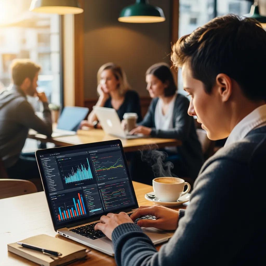 Person analyzing local SEO keyword data in a coffee shop