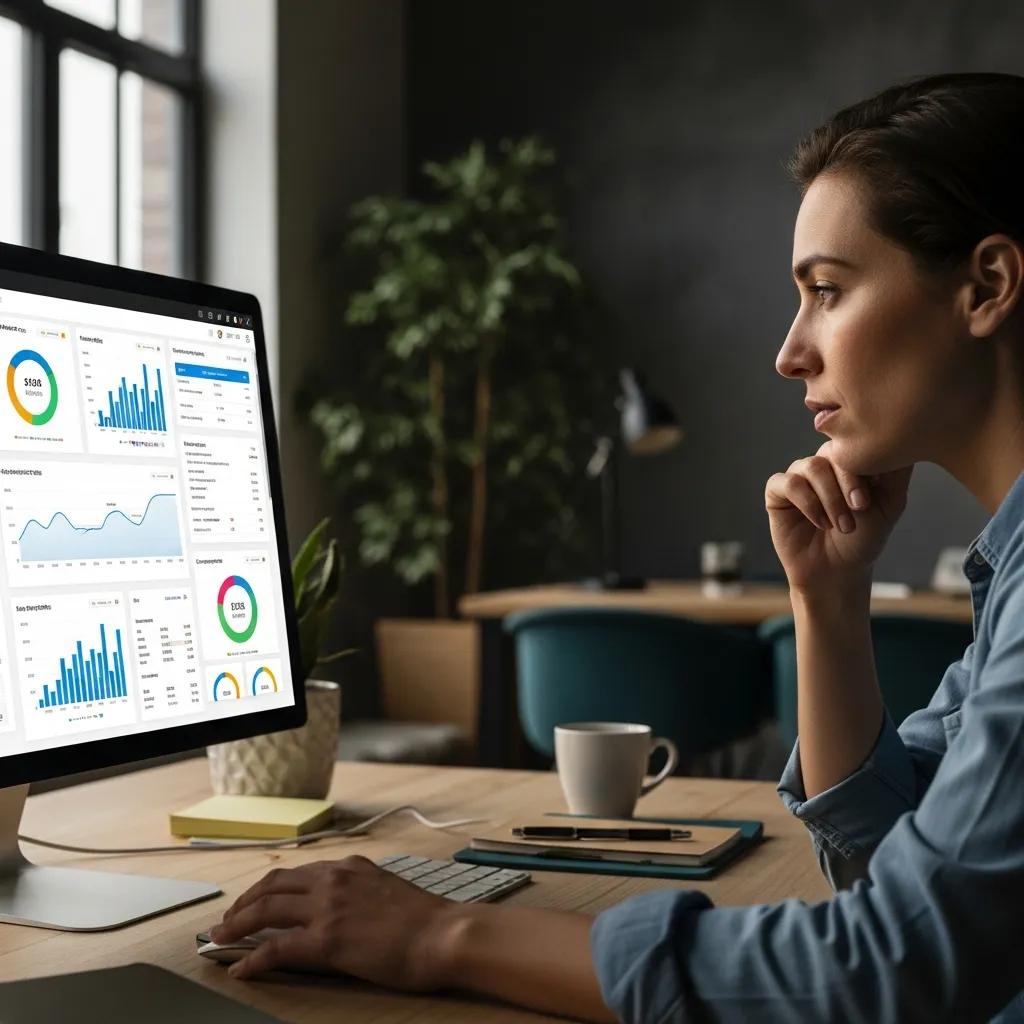 Person analyzing website performance metrics on a computer screen in a modern workspace