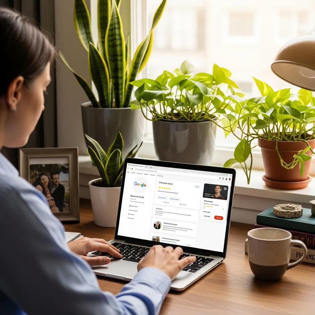 Person managing Google Business Profile on a laptop in a cozy office setting