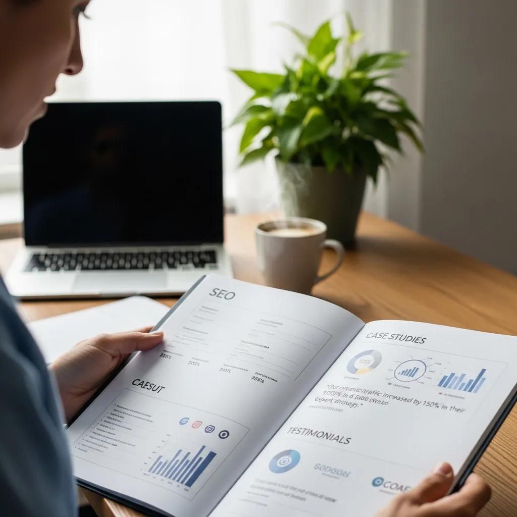 Person reviewing SEO agency portfolio with case studies and testimonials