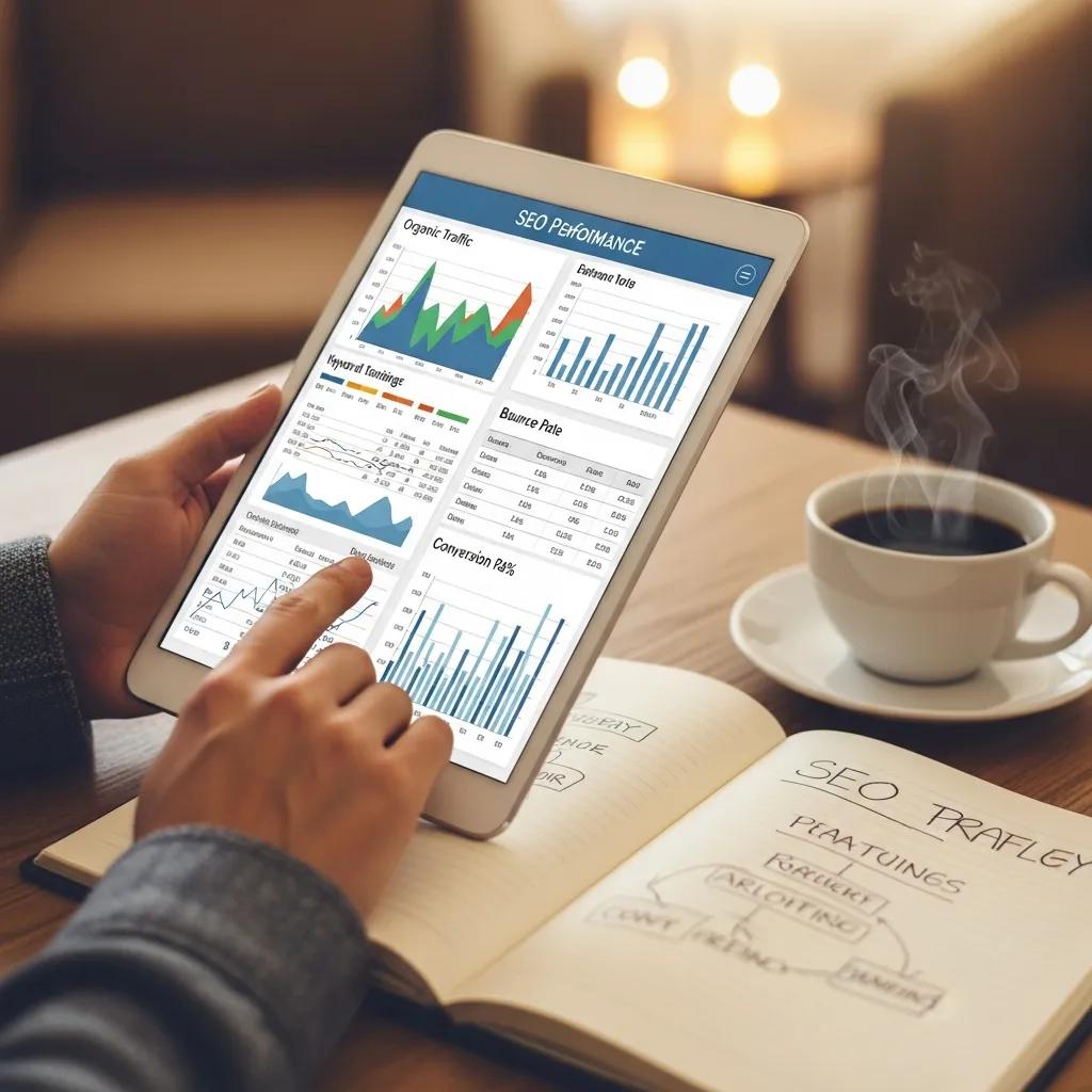 Person reviewing SEO performance metrics on a tablet in a cozy setting