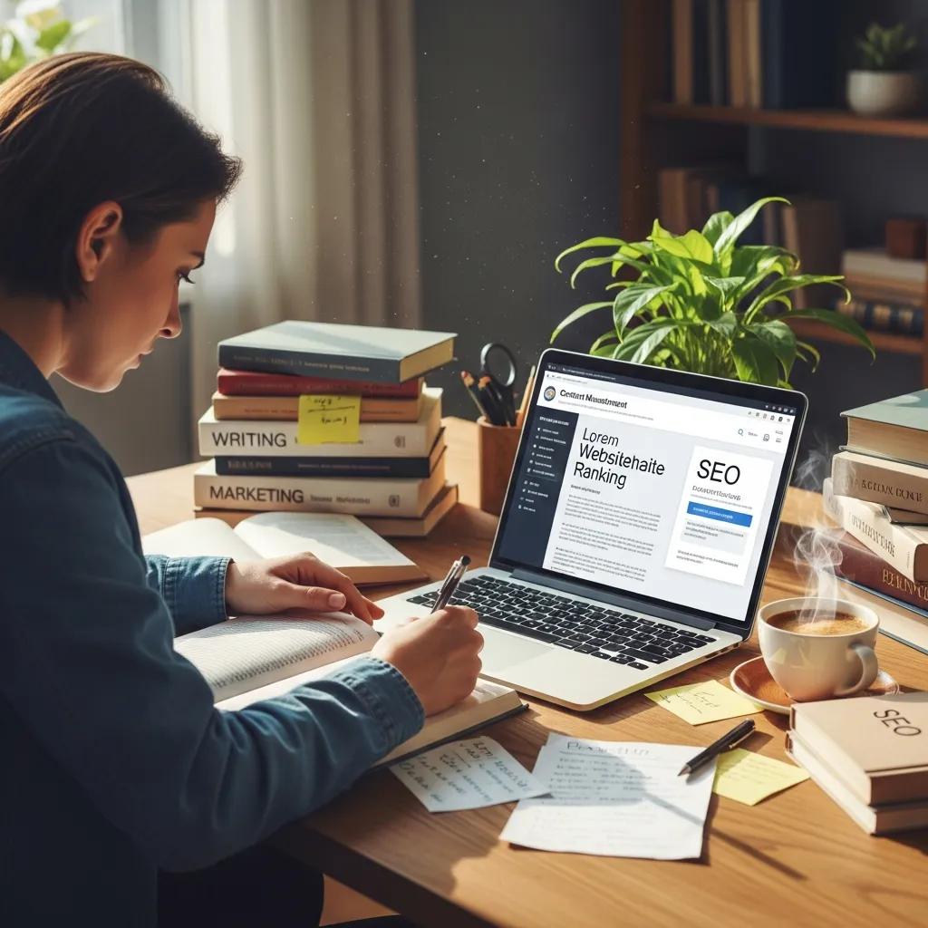 Person writing quality content on a laptop in a cozy workspace filled with books
