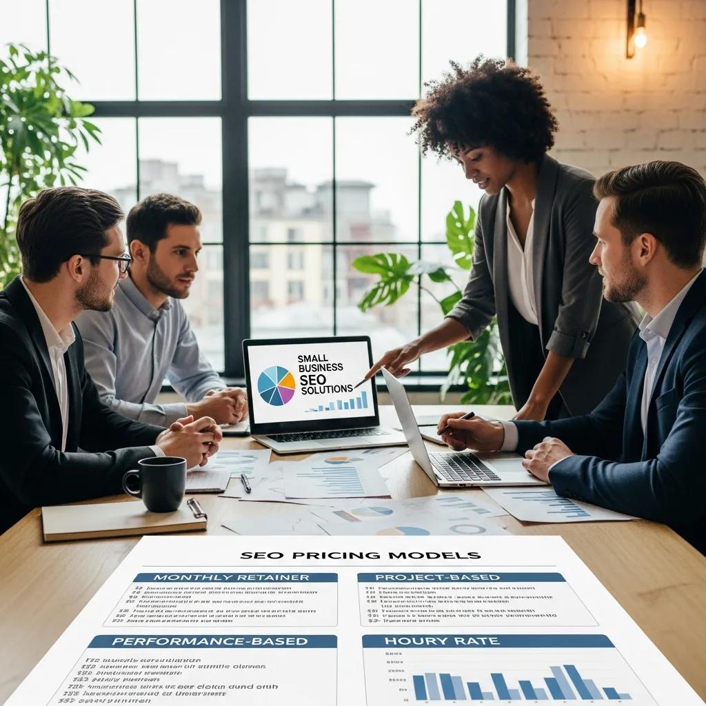 Professionals discussing SEO pricing models in a modern office setting