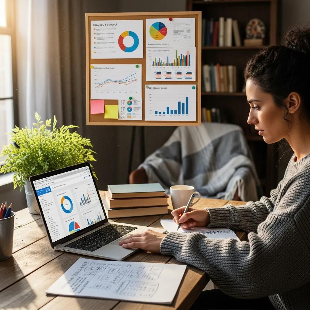 Small business owner analyzing local SEO keywords on a laptop in a cozy workspace