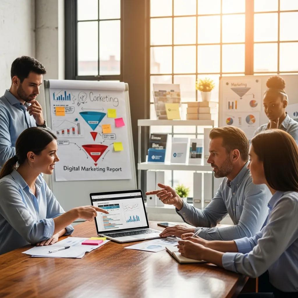 Small business owner collaborating with a marketing agency team in a modern office