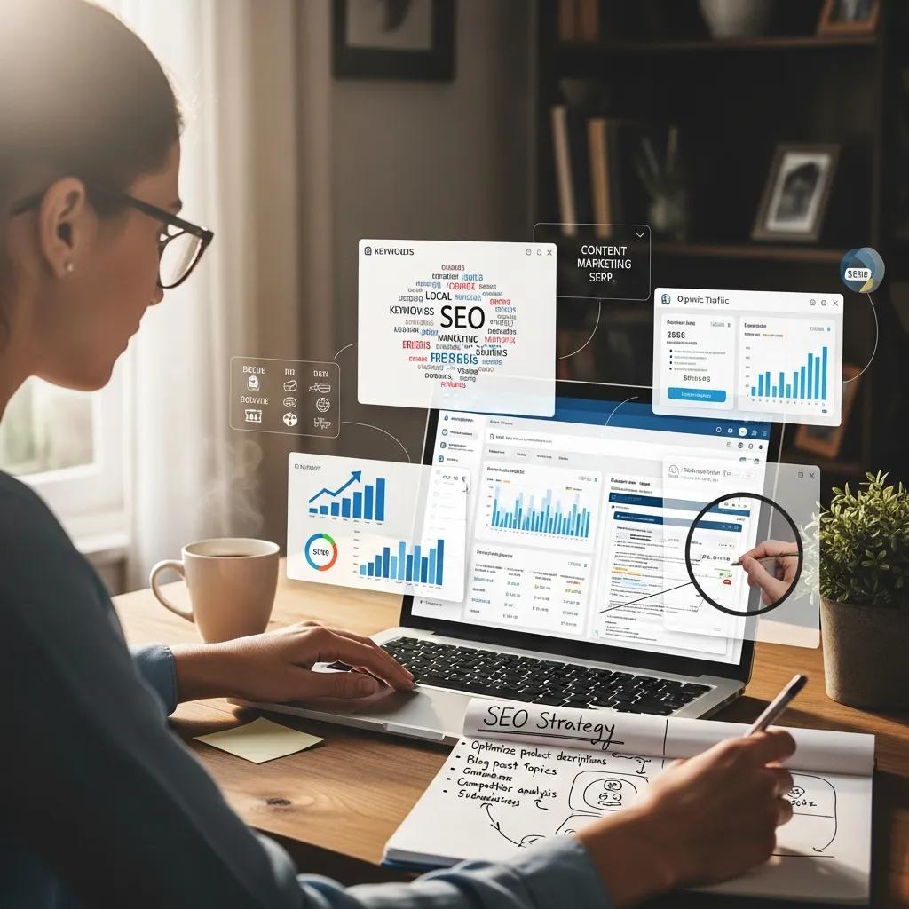Small business owner reviewing SEO analytics on a laptop in a cozy office setting