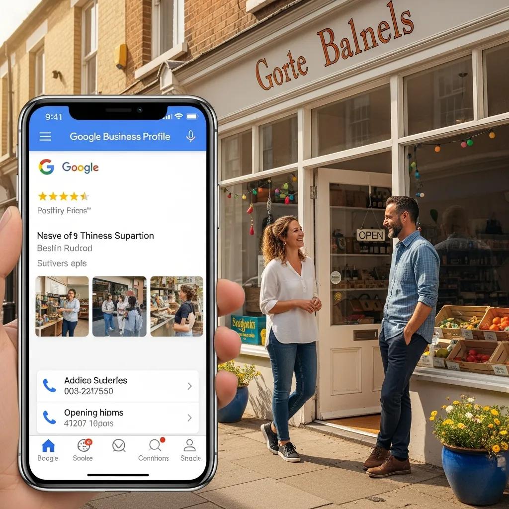 Small business storefront with Google Business Profile displayed on a smartphone, emphasizing local SEO