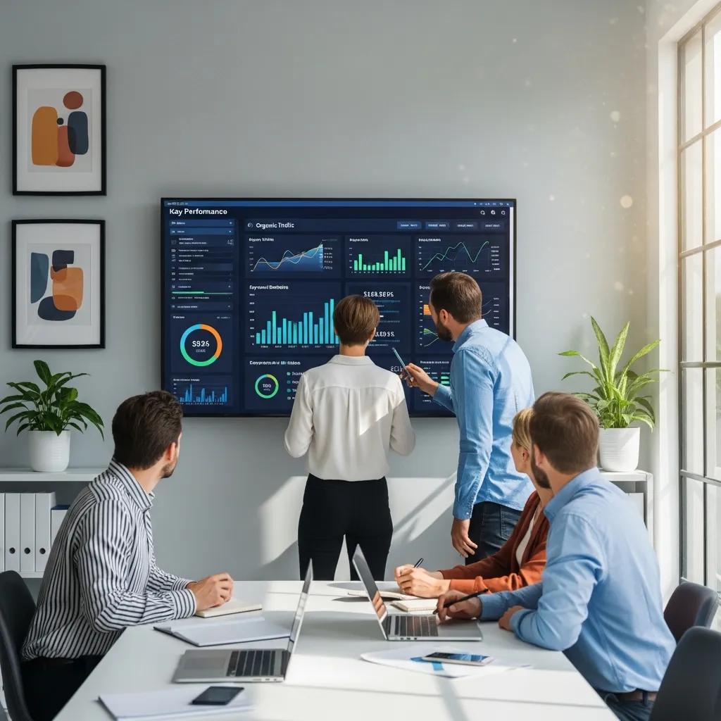 Small business team analyzing SEO performance metrics in a bright office