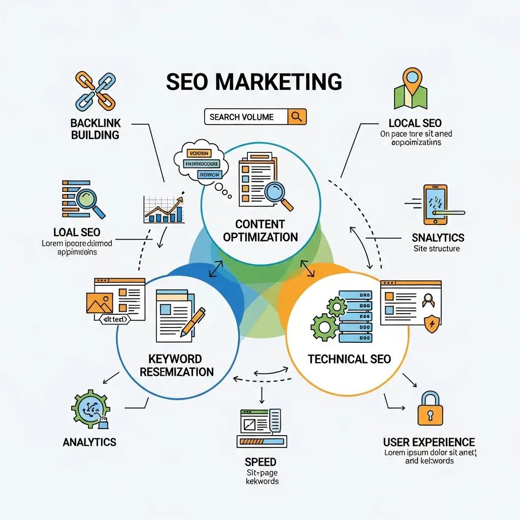 Visual representation of key components of SEO marketing including keyword research and content optimization