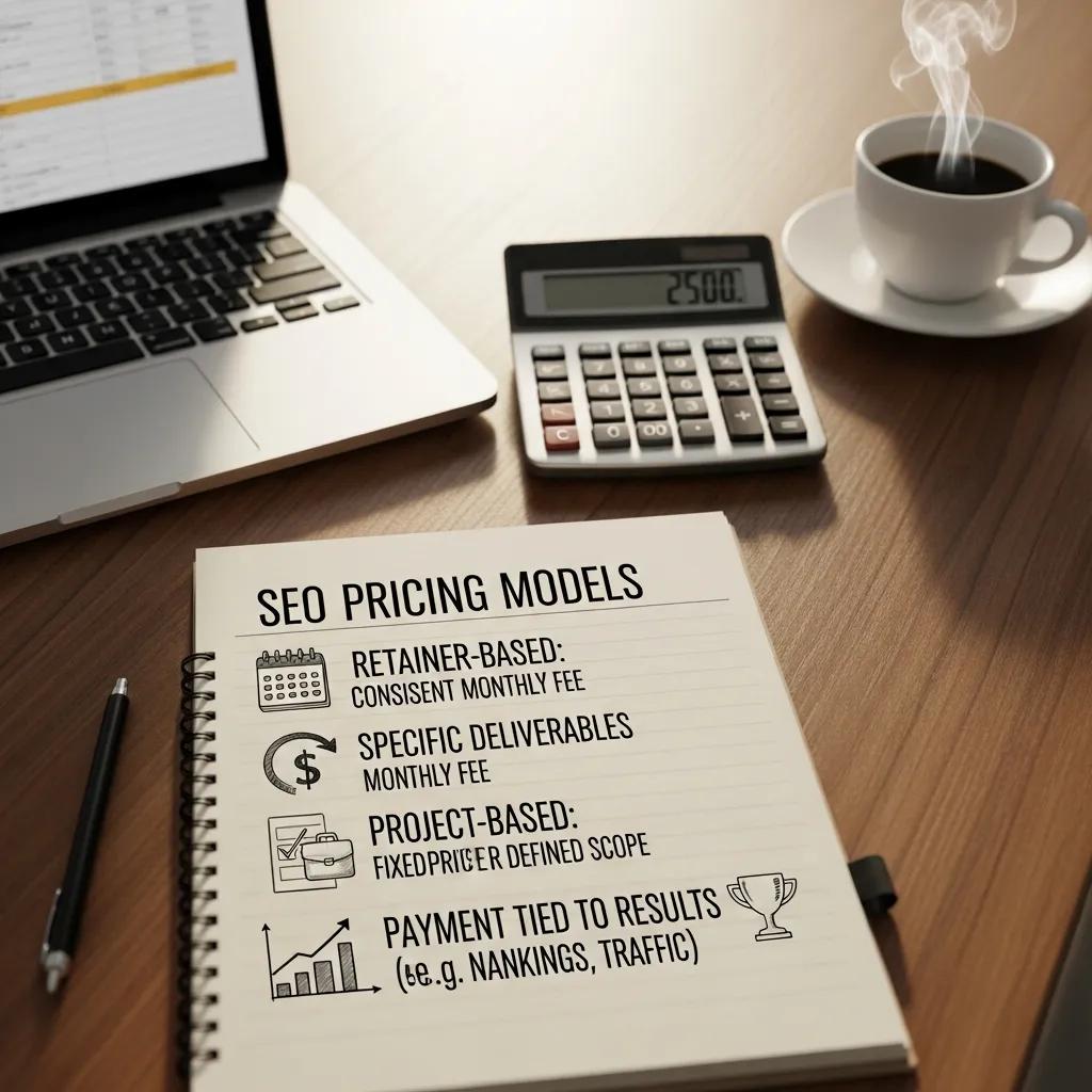 Visual representation of SEO pricing models on a desk with a laptop and notepad
